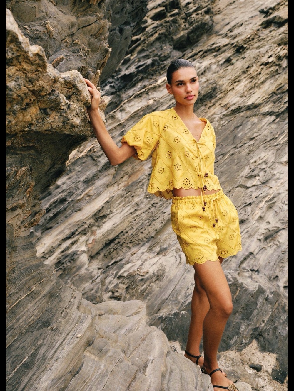 Zara Matching Set Yellow Embroidered Eyelet Drawstring Shorts and Top XS